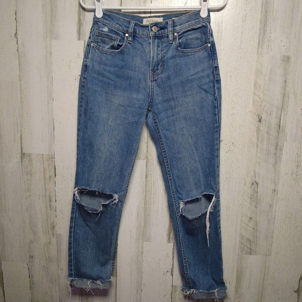 PacSun Jeans Women's Sz 24 Vintage Icon Raw Hem Blue Mid Rise Pants Ripp…